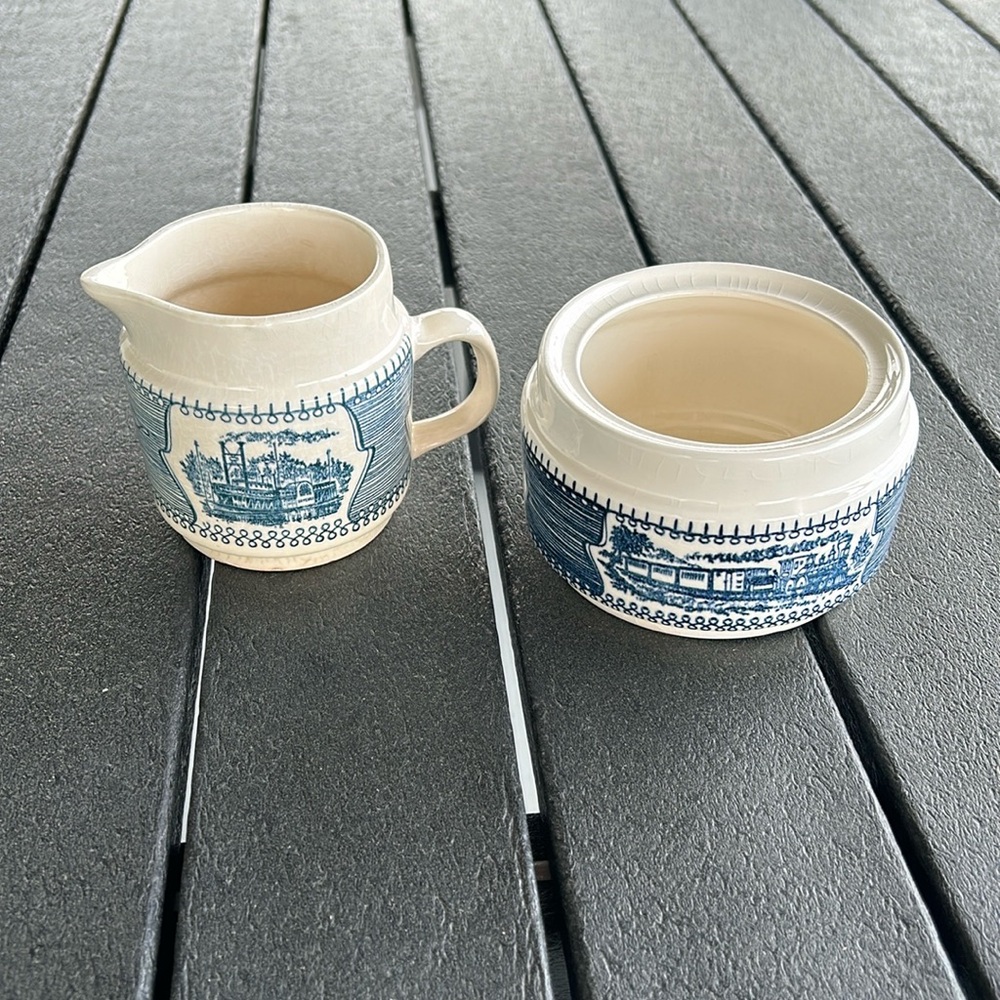 Vintage Currier & Ives Creamer  & Sugar / USA 1950’s Steamboat & Railroad train